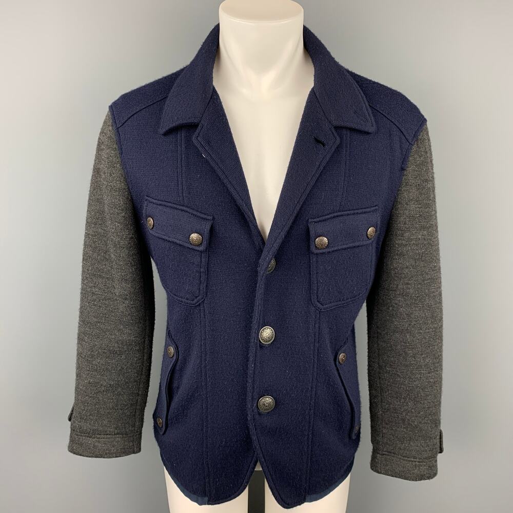 JUST CAVALLI Size L Navy & Grey Color Block Knit Jacket